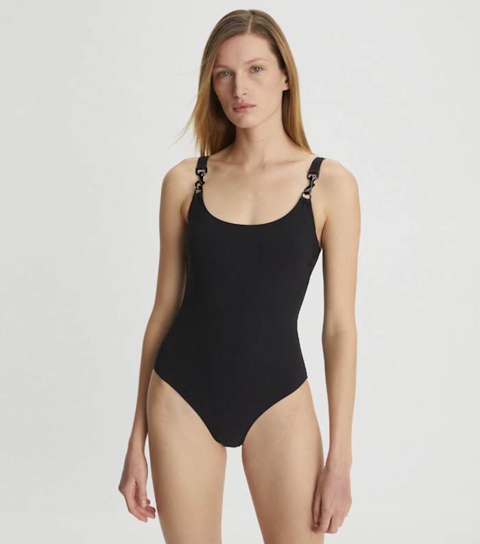 Tory Burch Clip Tank Swimsuit, Black Hardware